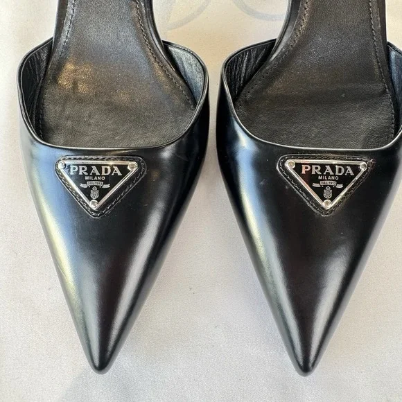 Prada Slingback Stiletto Ankle Strap Logo Accent Black Pointed Toe Leather 37.5 - Picture 7 of 14